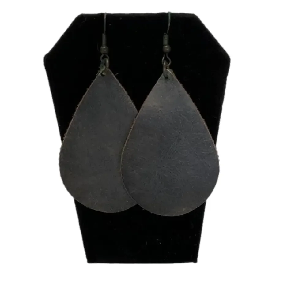Earrings Distressed Gray Leather with Bronze Tone hangers
